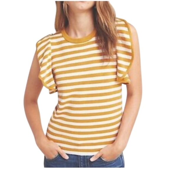 Anthropologie Women's XS Jillian Flutter Sleeve Mustard White Striped Sweater - Picture 1 of 7